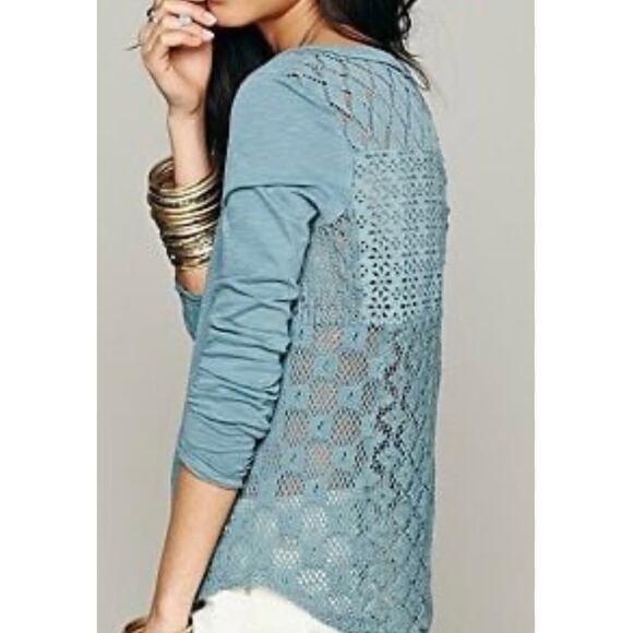 Free People Blue Lace Crochet Thermal Long Sleeve Top Boho Romantic Patchwork S - Picture 1 of 4